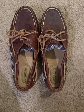 Sperry Brown Leather Boat Shoes with Plaid Trim and Tan Laces